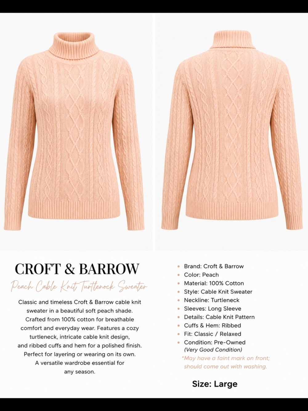 croft & barrow Peach Cable Knit Turtleneck Sweater
